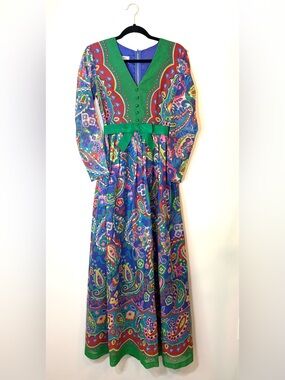 Vintage 1970s Psychedelic Paisley Hostess Maxi Dress Small
